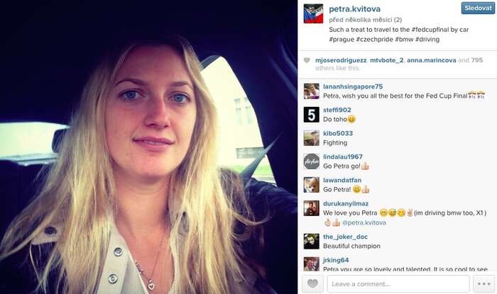 Petra Kvitová si 3. 11. na svém twitterovém profilu pochvaluje, že konečně může jet na turnaj autem. Na FED Cup, který se konal v Praze. Z Monaka by ale autem asi nejela. Zdroj Twitter Petry Kvitové