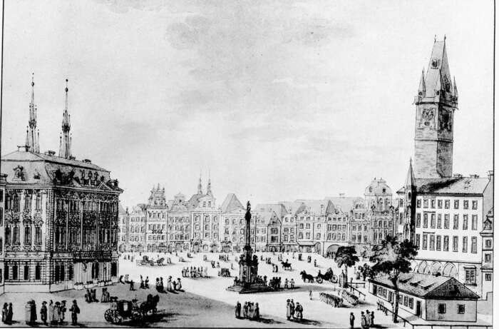 Pražští radní zamítli opravu Mariánského sloupu na Staroměstském náměstí. Sloup tu stál od roku 1652 a jeho osudy jsou v podstatě od začátku politickým symbolem. Foto cs.wikipedie.org