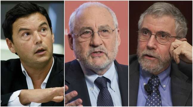Thomas Piketty, Joseph Stiglitz a Paul Krugman na pásmu z agenturních fotografií. Repro DR