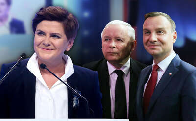 Tři hlavní postavy současné PiS: premiérka Beata Szydłová, předseda strany Jarosław Kaczyński a prezident Andrzej Duda. Repro TVN25/DR