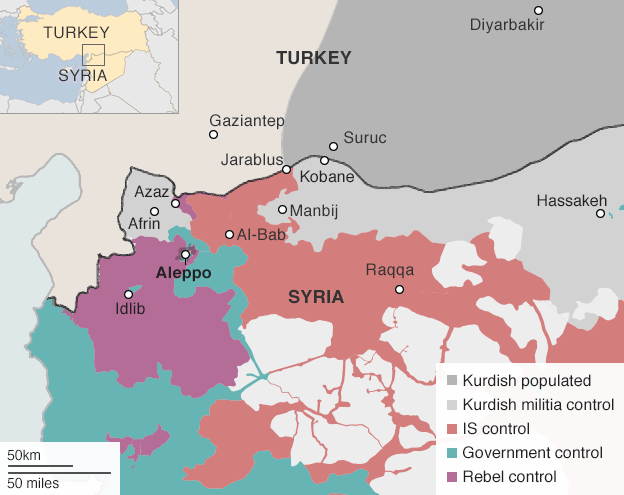 Město Džarábulus leží v oblasti kontrolované ISIS. Jen pár kilometrů od něj ale začíná kurdské území. Repro IHS/BBC/DR