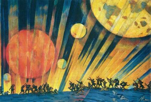 Velkou říjnovou socialistickou revoluci vyobrazoval i avantgardní obraz Nová planeta Konstantina Yuona. Zachycuje hlavní vášeň revoluce: touhu po kolektivní modernitě. Ilustrace Konstantin Yuon