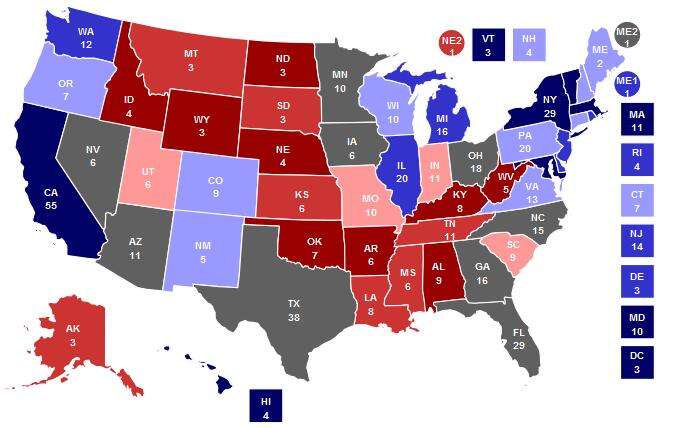 Analytická grafika z konce října. Bledá barva označuje leaning state, šedá pak toss state. Do očí bije zvláště letošní šeď tradičně republikánského Texasu. Repro RealClearPolitics.com