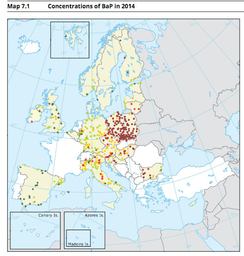 Koncentrace rakovinotvorného benzo(a)pyrenu v rámci Evropy. Graf EEA 2016