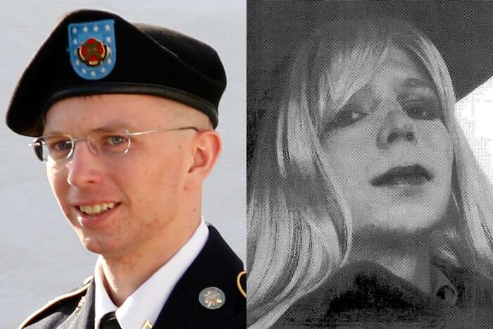 Chelsea Manningová ještě jako Bradley Manning, vpravo pak s dívčí parukou. Repro archiv FoW/WmC/NA, Twiiter