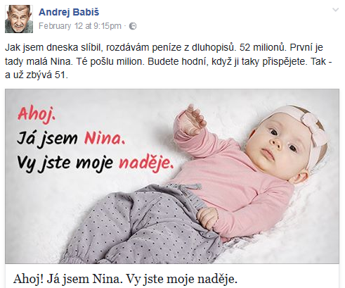 Vždy se říkalo, že při dávání pravá ruka nemá vědět, co dělá levá. Lidé opravdu soucitní, kteří chtějí pomáhat, to dělají většinou v tichosti a po celý život. Foto FB Andreje Babiše