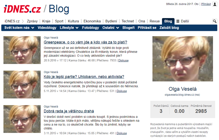 Postavy z falešných profilů mají i své blogy na iDnes.cz, jednom z nejčtenějších českých portálů. Repro L. Hrábek