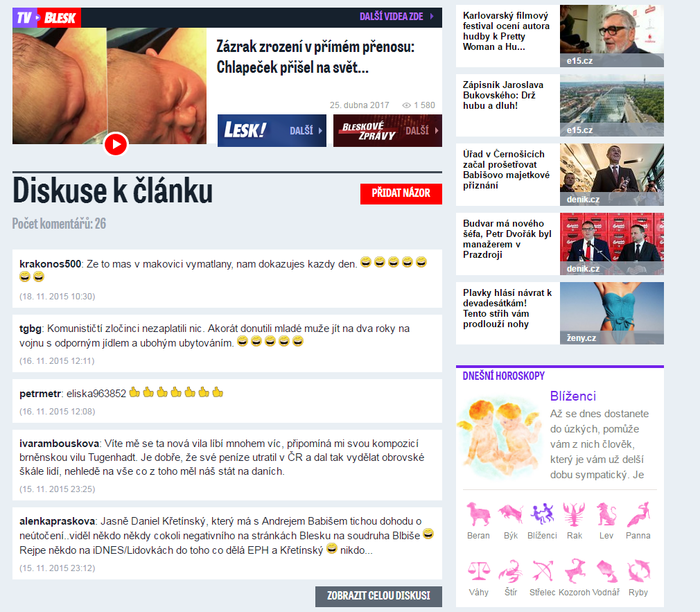 Falešné profily se zapojují do diskusí a přidávají komentáře pod články týkající se energetiky a podnikání P. Tykače. Repro L. Hrábek