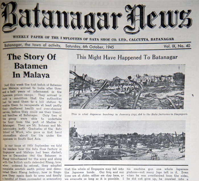 Titulní strana Batanagar News začínající pojednáním o účasti Baťovců v bojích o Singapuru. Foto Jan Beránek