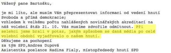 Okamura si stěžuje, že ho média cenzurují. Takto cenzuruje média on sám. Repro DR