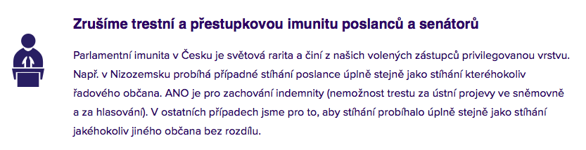 Politické hnutí ANO ve volebním programu z roku 2013 říkalo, že trestní stíhání politiků by mělo probíhat úplně stejně jako stíhání ostatních občanů. Repro DR