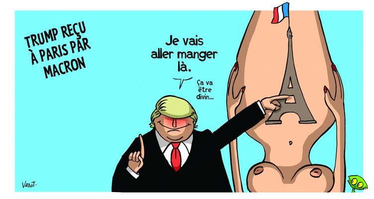 Kreslíř belgického časopisu L'Echo Nicolas Vadot nemá o Trumpově vztahu k Evropě a speciálně k Francii vůbec žádné iluze. Repro DR