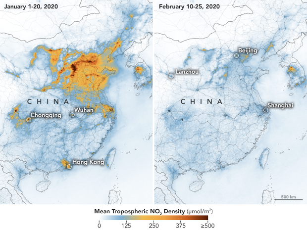 Emise oxidu dusíčitého během epidemie koronaviru v Číně výrazně klesly. Mapa NASA Earth Observatory