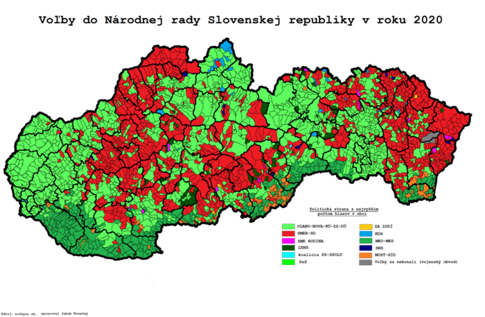 Z regionů, v nichž uspěl v posledních volbách Smer (červenou), chybí Pellegrinimu vůdčí osobnosti jen z Pováží a Kysuc. Grafika WmC