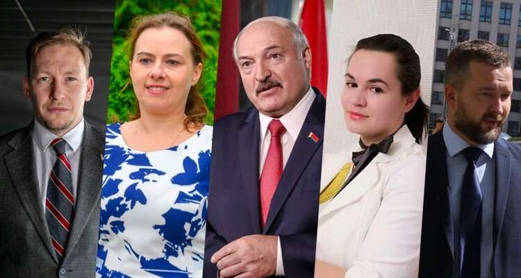 Lukašenko, Tichanovská a ostatní letošní kandidáti: vlevo Andrej Dmitrijev a Hanna Kanapacká, zcela vpravo pak Sjarhej Čeračen. null Svaboda.org