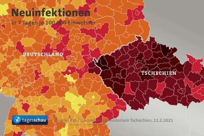 Grafika německé televize ilustruje počty nově nakažených na sto tisíc obyvatel za poslední týden den poté, co česká Sněmovna neprodloužila nouzový stav, a de facto tak rozhodla o rozvolňování. Repro DR