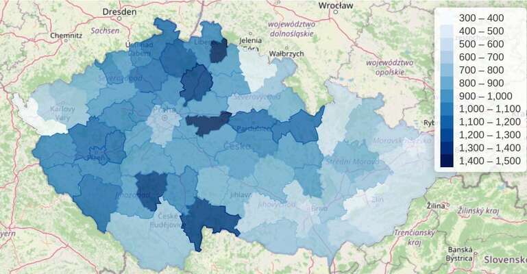 Počet nakažených za posledních týden na 100 tisíc obyvatel. Postup epidemické vlny na východ se nepodařilo zastavit, někdejší ohniska se rozlila do širého okolí. Mapa BISOP