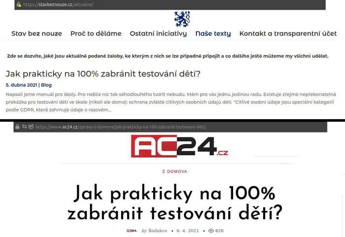 Rodiče naklonění zlehčování covidu-19 jsou setrvale (a nesprávně) přesvědčeni, že „roušky“ škodí zdraví, případně se za pomoci spřízněných právníků snaží mařit protiepidemická opatření. Screen ze Stavbeznouze.cz a dezinformačního webu AC24, koláž DR