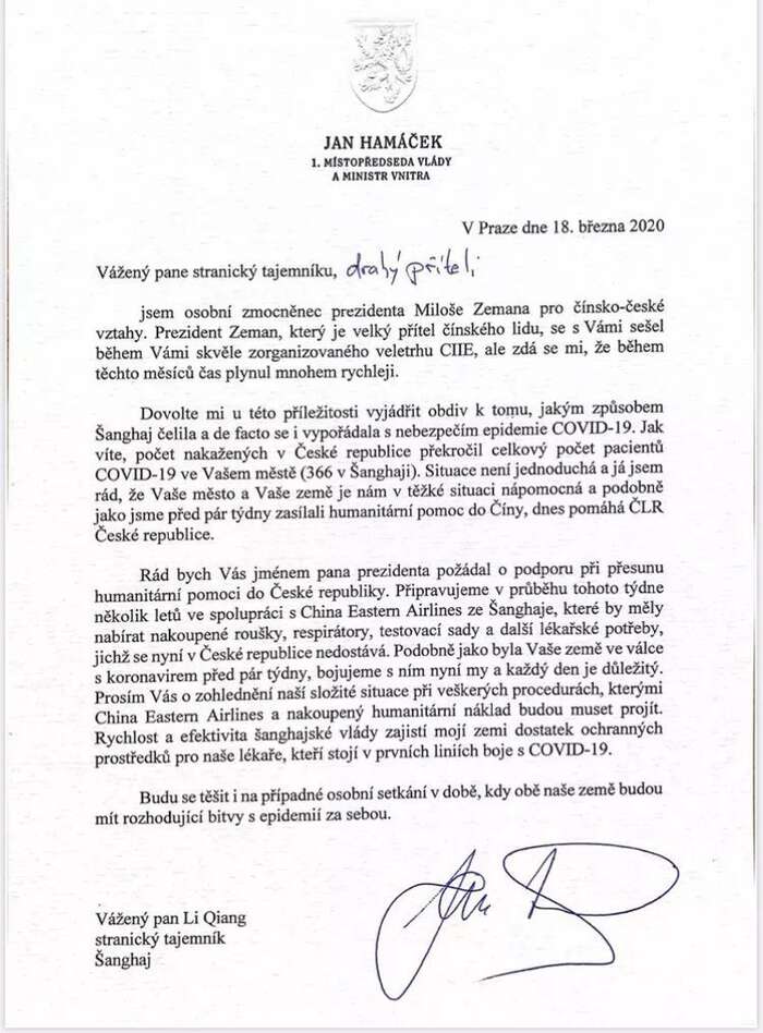 Dopis Jana Hamáčka tajemníkovi Šanghajského městského výboru Komunistické strany Číny. Repro DR
