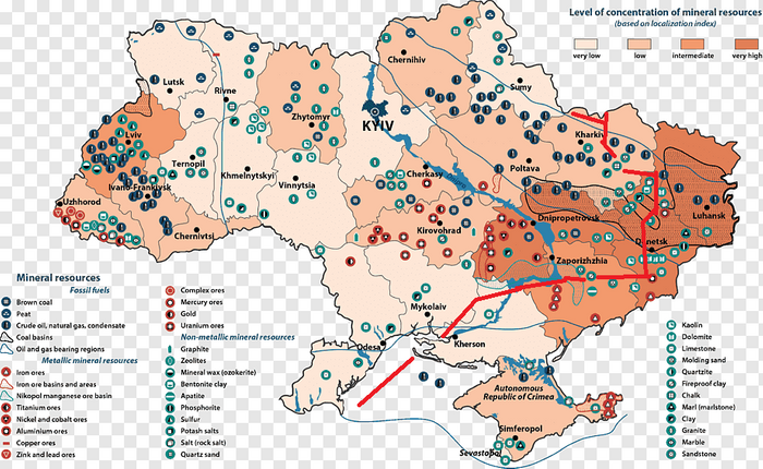 Hlavní ložiska průmyslových surovin na Ukrajině. Červená čára označuje přibližnou hranici současné fronty. Ropa a plyn z břidličného pásu mezi Donbasem a Černihivem je dosud využívána jen minimálně. Grafika Favpng.com